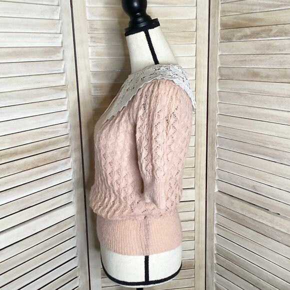 Manoush Ballet Pink Pointelle Open Knit Lace Collar Sweater Mohair S - Picture 4 of 9